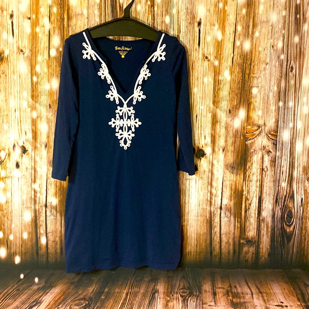 Lilly Pulitzer Marina Navy & White Embroidered 3.4 Sleeve Dress sz XS